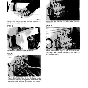 Op de afbeelding: Een technische tekening met stappen voor het onderhoud van het hydraulisch systeem. De afbeelding toont close-up weergaven van machineonderdelen, waaronder buizen, kleppen en schroeven. Tekstinstructies begeleiden elke stap en beschrijven de procedures.