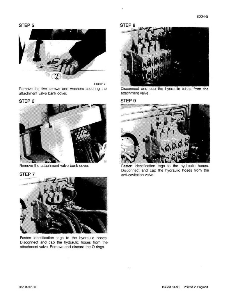 Op de afbeelding: Een technische tekening met stappen voor het onderhoud van het hydraulisch systeem. De afbeelding toont close-up weergaven van machineonderdelen, waaronder buizen, kleppen en schroeven. Tekstinstructies begeleiden elke stap en beschrijven de procedures.