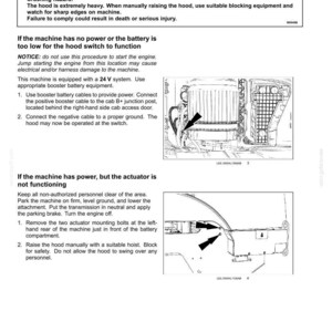 May include: A technical manual page titled 3-CONTROLS AND INSTRUMENTS detailing manual hood opening procedures. It includes a warning about crushing hazards, instructions for using a 24 V system, and two diagrams with arrows indicating specific components.