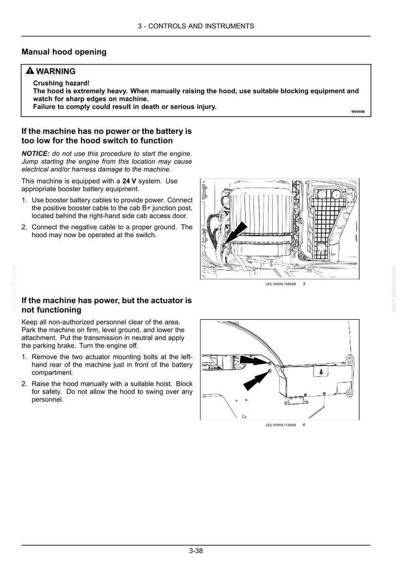 May include: A technical manual page titled 3-CONTROLS AND INSTRUMENTS detailing manual hood opening procedures. It includes a warning about crushing hazards, instructions for using a 24 V system, and two diagrams with arrows indicating specific components.