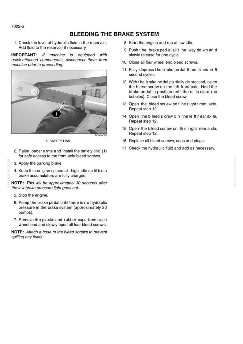 May include: A technical document page titled 7002-6 BLEEDING THE BRAKE SYSTEM, featuring a black and white photograph of a safety link on heavy machinery, numbered 1, alongside a seventeen-step instructional list for maintenance procedures.