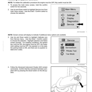 May include: Diagram of an instrument cluster calibration procedure. The image shows menu options for settings, display, diagnostics, and service. Instructions detail accessing the main menu, highlighting service, and calibrating the joystick.