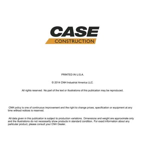 May include: White document with the "CASE CONSTRUCTION" logo in black and gold. The text includes "Printed in U.S.A." and copyright information for CNH Industrial America LLC.