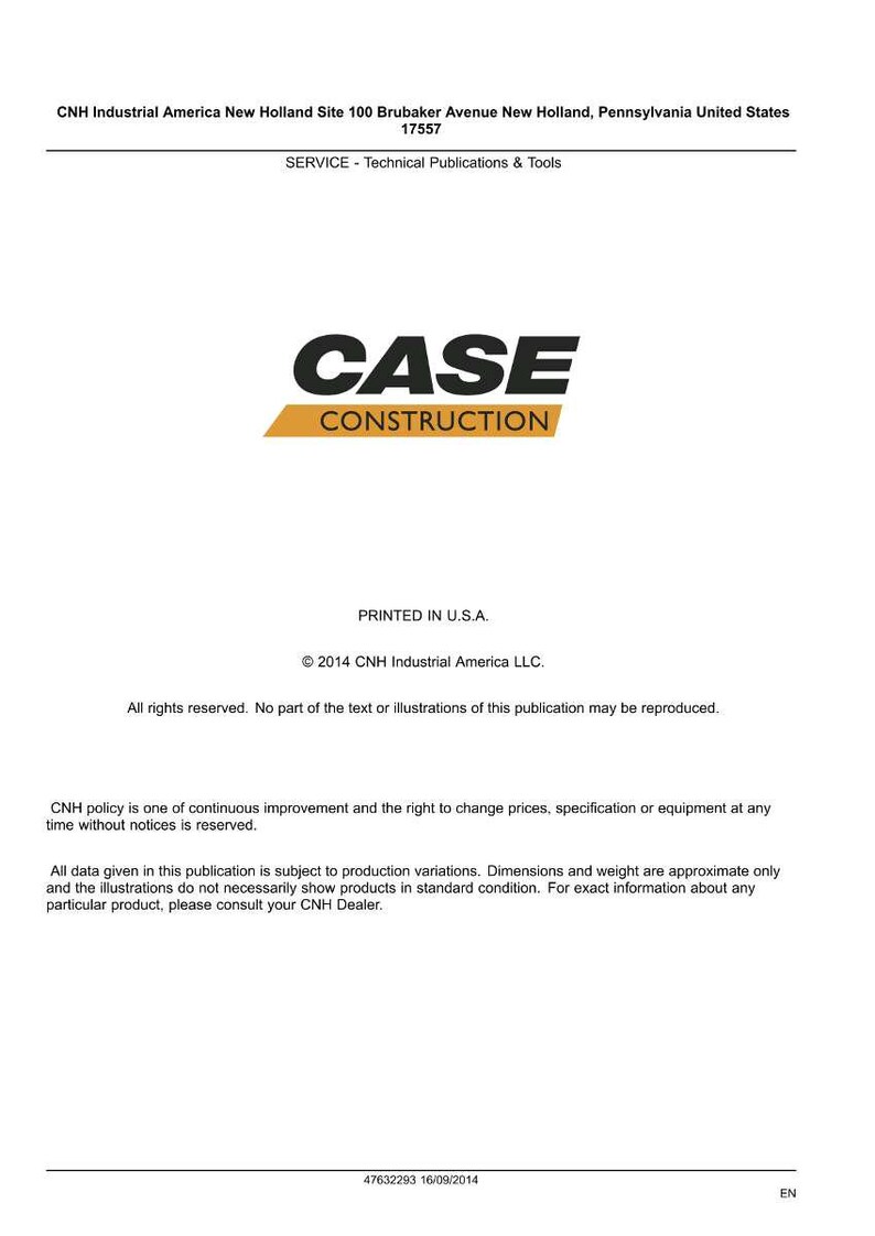May include: White document with the "CASE CONSTRUCTION" logo in black and gold. The text includes "Printed in U.S.A." and copyright information for CNH Industrial America LLC.