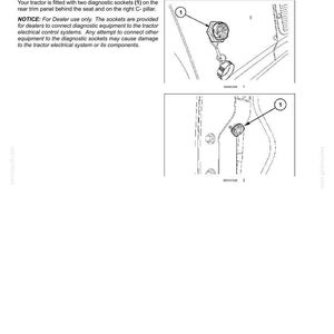 May include: A technical manual page titled 6 - WORKING OPERATIONS, detailing auxiliary power connections. It features two line drawings of a diagnostic socket labeled 1, located on a tractor's rear trim panel behind the seat and right C-pillar.