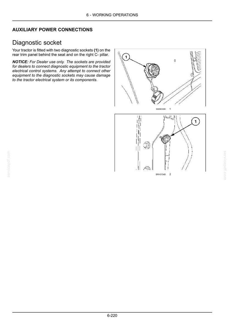 May include: A technical manual page titled 6 - WORKING OPERATIONS, detailing auxiliary power connections. It features two line drawings of a diagnostic socket labeled 1, located on a tractor's rear trim panel behind the seat and right C-pillar.