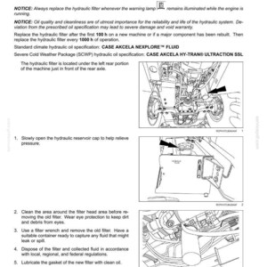 May include: Diagram of hydraulic filter maintenance instructions. Includes steps for replacing the filter, such as opening the reservoir cap, cleaning the area, removing the old filter, and tightening the new filter.