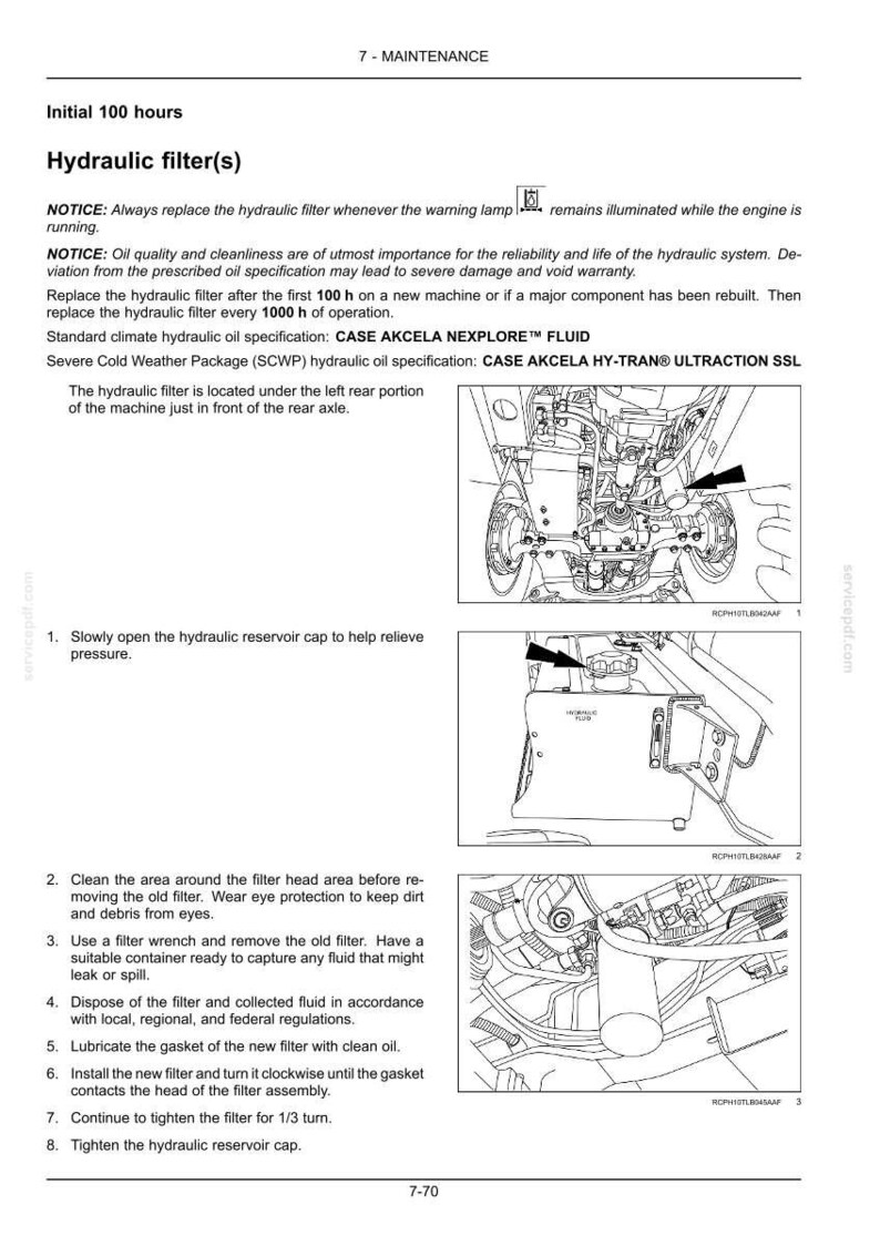 May include: Diagram of hydraulic filter maintenance instructions. Includes steps for replacing the filter, such as opening the reservoir cap, cleaning the area, removing the old filter, and tightening the new filter.