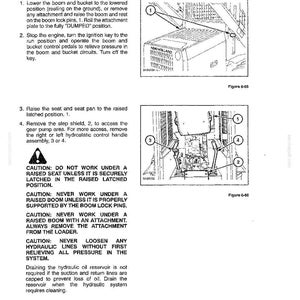 Peut inclure: Une page de manuel technique intitul&eacute;e HYDRAULIC SYSTEM d&eacute;taillant les proc&eacute;dures de d&eacute;montage. Elle comprend deux sch&eacute;mas au trait &eacute;tiquet&eacute;s Figure 6-65 et Figure 6-6, montrant des composants de machines, des rep&egrave;res num&eacute;rot&eacute;s et des avertissements.