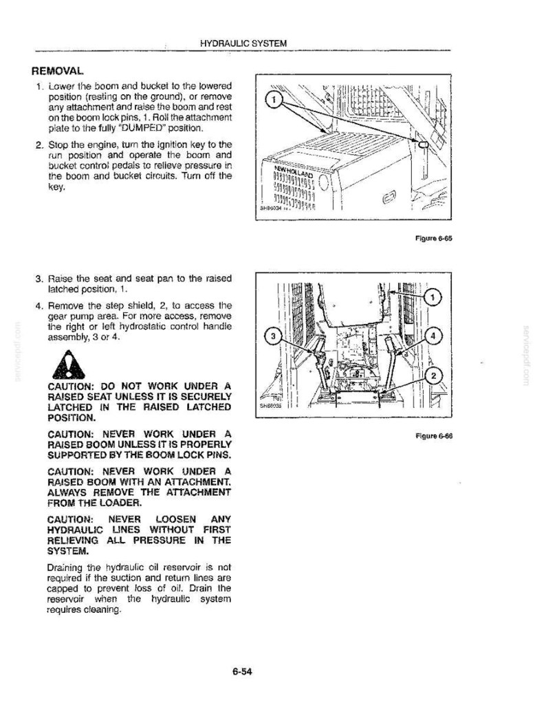 Peut inclure: Une page de manuel technique intitul&eacute;e HYDRAULIC SYSTEM d&eacute;taillant les proc&eacute;dures de d&eacute;montage. Elle comprend deux sch&eacute;mas au trait &eacute;tiquet&eacute;s Figure 6-65 et Figure 6-6, montrant des composants de machines, des rep&egrave;res num&eacute;rot&eacute;s et des avertissements.