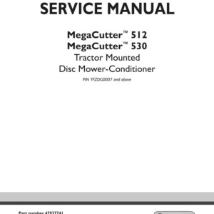 Puede incluir: Una portada de manual de servicio blanca con el t&iacute;tulo "SERVICE MANUAL" en letras negras en negrita. El manual es para MegaCutter 512 y 530 Tractor Mounted Disc Mower-Conditioner. El logotipo de New Holland Agriculture est&aacute; en la esquina inferior derecha.