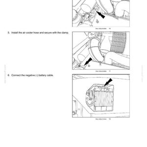 May include: A technical maintenance manual page featuring three black and white line drawings illustrating engine components. The text includes 7-MAINTENANCE, 4. Connect the positive (+) battery cable, 5. Install the air cooler hose and secure with the clamp, and 6. Connect the negative (-) battery cable.