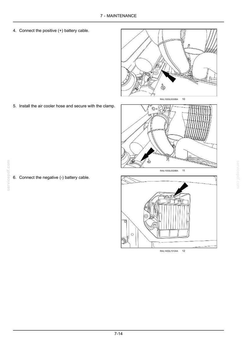 May include: A technical maintenance manual page featuring three black and white line drawings illustrating engine components. The text includes 7-MAINTENANCE, 4. Connect the positive (+) battery cable, 5. Install the air cooler hose and secure with the clamp, and 6. Connect the negative (-) battery cable.