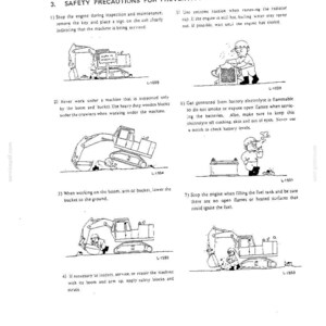 May include: A technical document page titled Safety Precautions for Preventive Maintenance featuring seven black and white line art illustrations of construction equipment and operators, with numbered instructional text for heavy machinery safety.