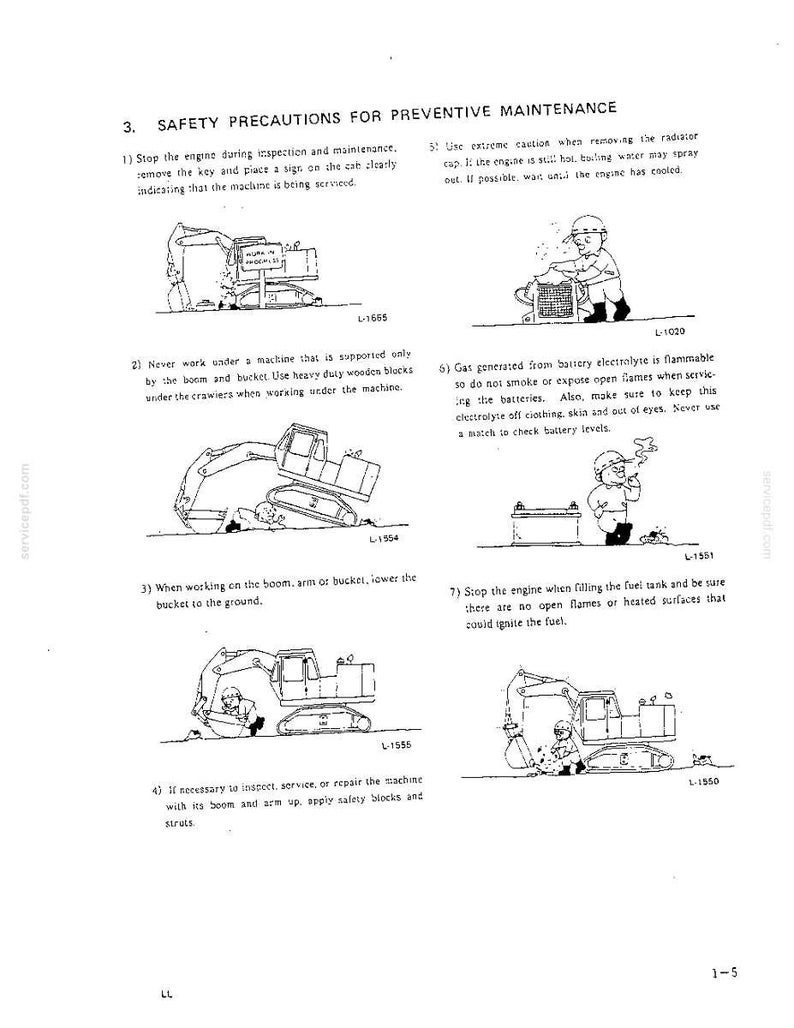 May include: A technical document page titled Safety Precautions for Preventive Maintenance featuring seven black and white line art illustrations of construction equipment and operators, with numbered instructional text for heavy machinery safety.