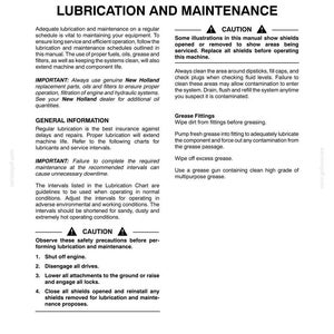May include: A black and white technical manual page titled Section 3 Lubrication and Maintenance. The text provides instructions for equipment care, including safety cautions, grease fitting maintenance, and the use of genuine New Holland parts.