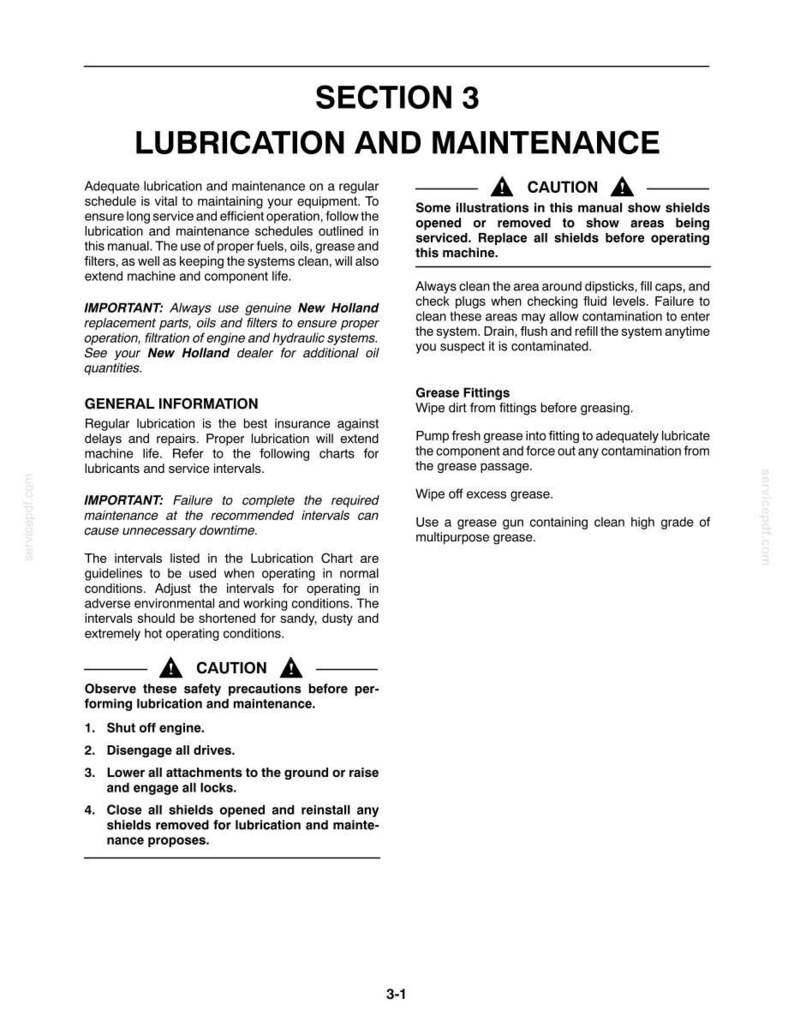 May include: A black and white technical manual page titled Section 3 Lubrication and Maintenance. The text provides instructions for equipment care, including safety cautions, grease fitting maintenance, and the use of genuine New Holland parts.