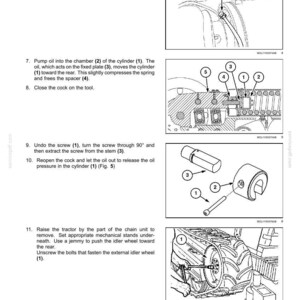 May include: Technical diagrams showing tractor track suspension components and procedures. Includes detailed views of cylinders, screws, and other parts. Accompanying text provides instructions for maintenance and repair.