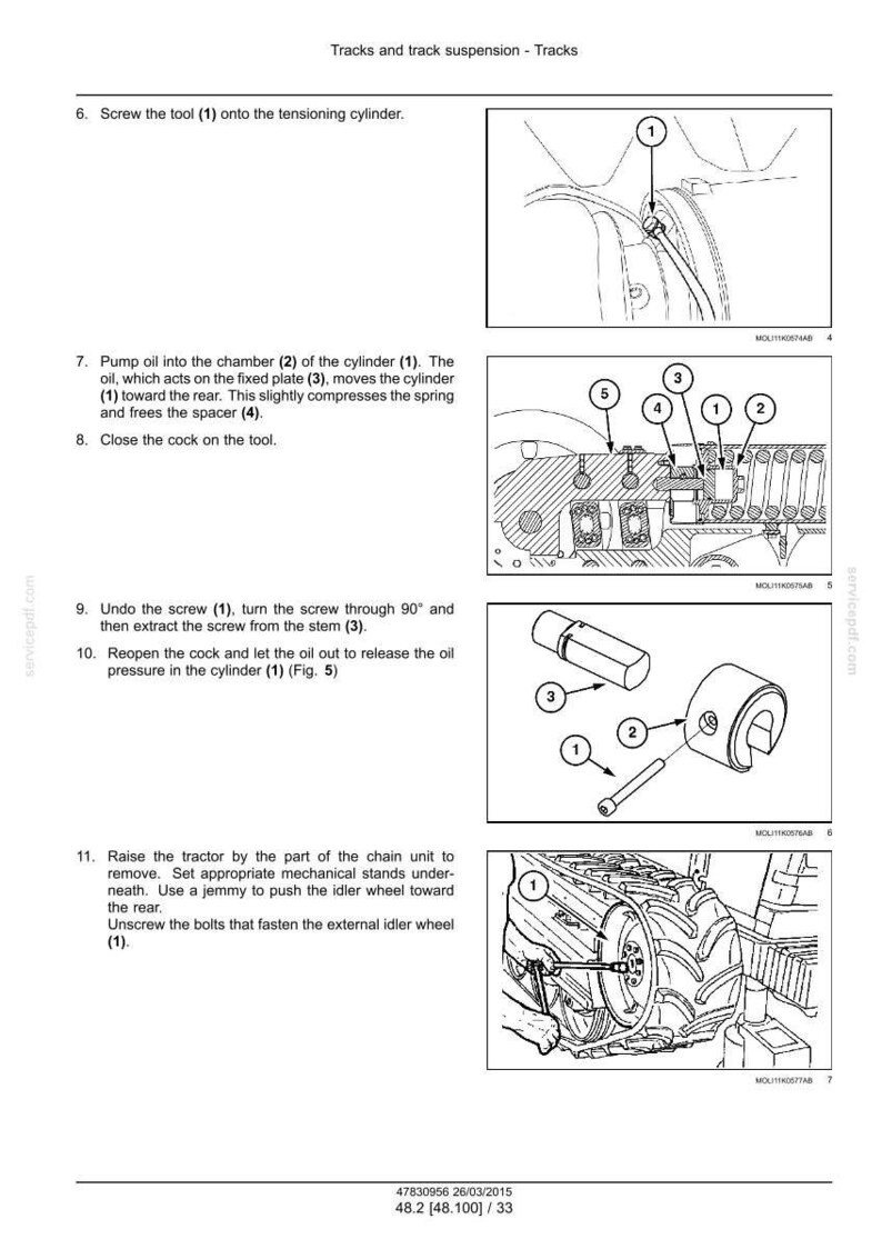 May include: Technical diagrams showing tractor track suspension components and procedures. Includes detailed views of cylinders, screws, and other parts. Accompanying text provides instructions for maintenance and repair.