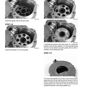 May include: Technical diagram with four detailed illustrations of mechanical components. The images show steps for assembly, including installing guides, retainers, and pistons. Text provides instructions for each step, including measurements in inches.