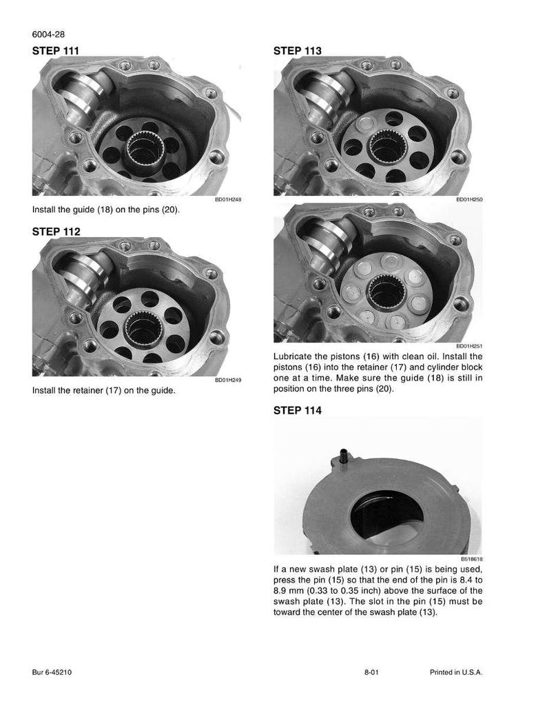 May include: Technical diagram with four detailed illustrations of mechanical components. The images show steps for assembly, including installing guides, retainers, and pistons. Text provides instructions for each step, including measurements in inches.