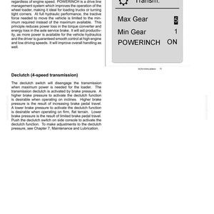 May include: Page from an operating manual with text and a diagram. The diagram shows a transmission with a maximum gear of 5 and a minimum gear of 1. The text describes POWERINCH and declutch functions.