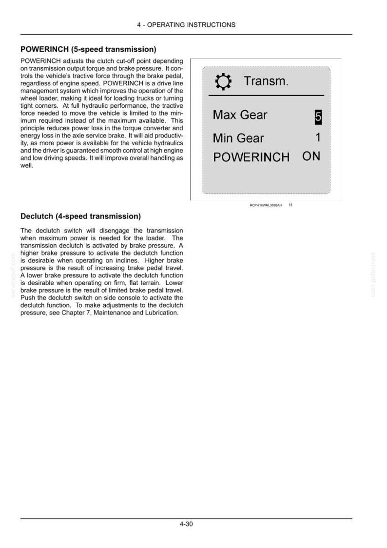 May include: Page from an operating manual with text and a diagram. The diagram shows a transmission with a maximum gear of 5 and a minimum gear of 1. The text describes POWERINCH and declutch functions.