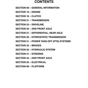 May include: A white page with black text listing the contents of a manual for D35, DX35, D40, DX40, D45, and DX45 models. The contents include sections on the engine, transmission, brakes, and electrical systems.