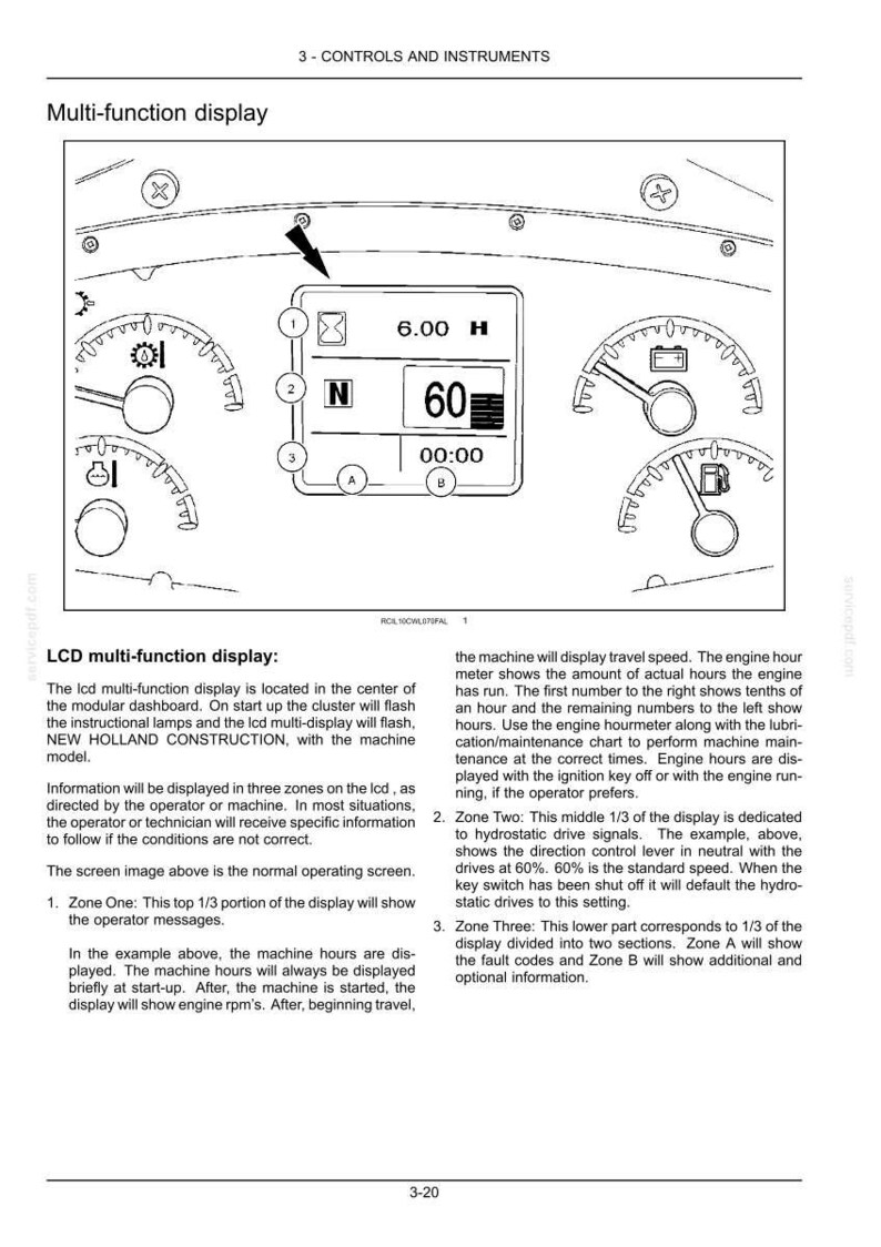 Puede incluir: Un diagrama t&eacute;cnico de una pantalla LCD multifunci&oacute;n para una m&aacute;quina de construcci&oacute;n New Holland. La pantalla muestra tres zonas con datos num&eacute;ricos, incluyendo 6.00 H, N, 60 y 00:00, rodeada de indicadores anal&oacute;gicos y texto instructivo.
