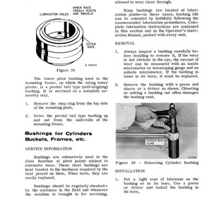May include: Technical diagram illustrating a lower pivot bushing, a self-aligning type, with labels for inner and outer races, and lubrication holes. Includes instructions for removing and installing cylinder bushings.