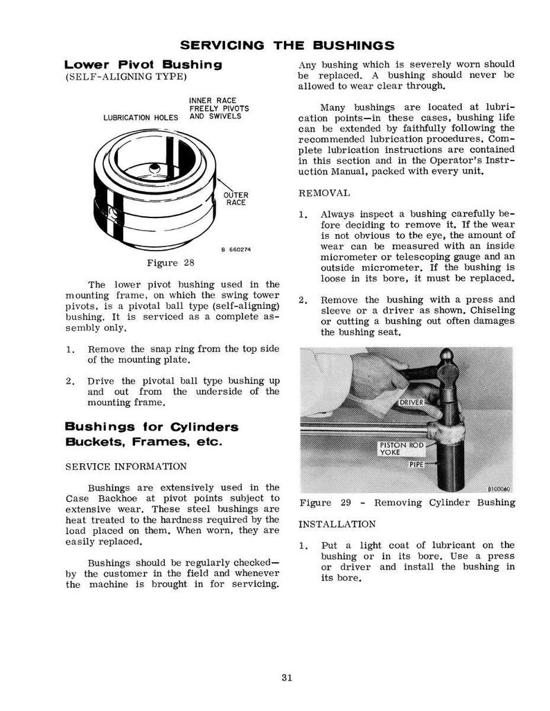 May include: Technical diagram illustrating a lower pivot bushing, a self-aligning type, with labels for inner and outer races, and lubrication holes. Includes instructions for removing and installing cylinder bushings.