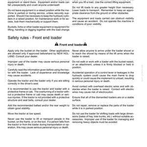 May include: A document titled 2 - SAFETY INFORMATION containing text about front end loader safety rules. The page outlines operational guidelines, including warnings about suspended loads, hydraulic systems, and tractor stability requirements.