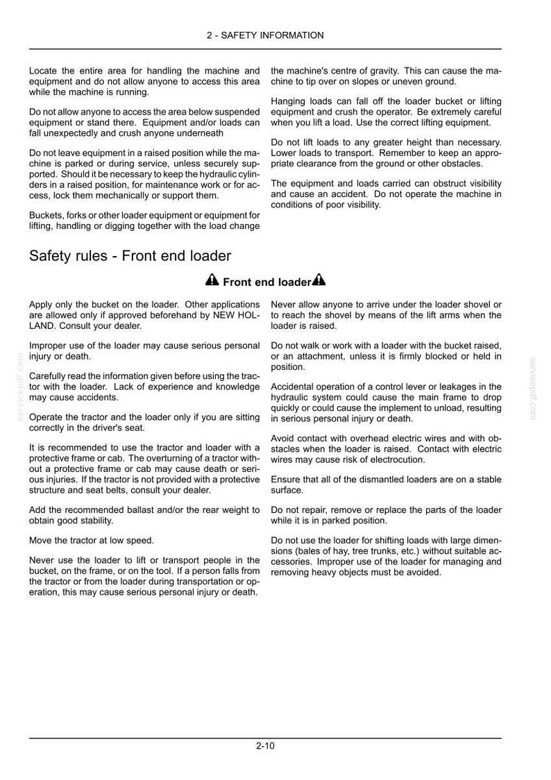 May include: A document titled 2 - SAFETY INFORMATION containing text about front end loader safety rules. The page outlines operational guidelines, including warnings about suspended loads, hydraulic systems, and tractor stability requirements.