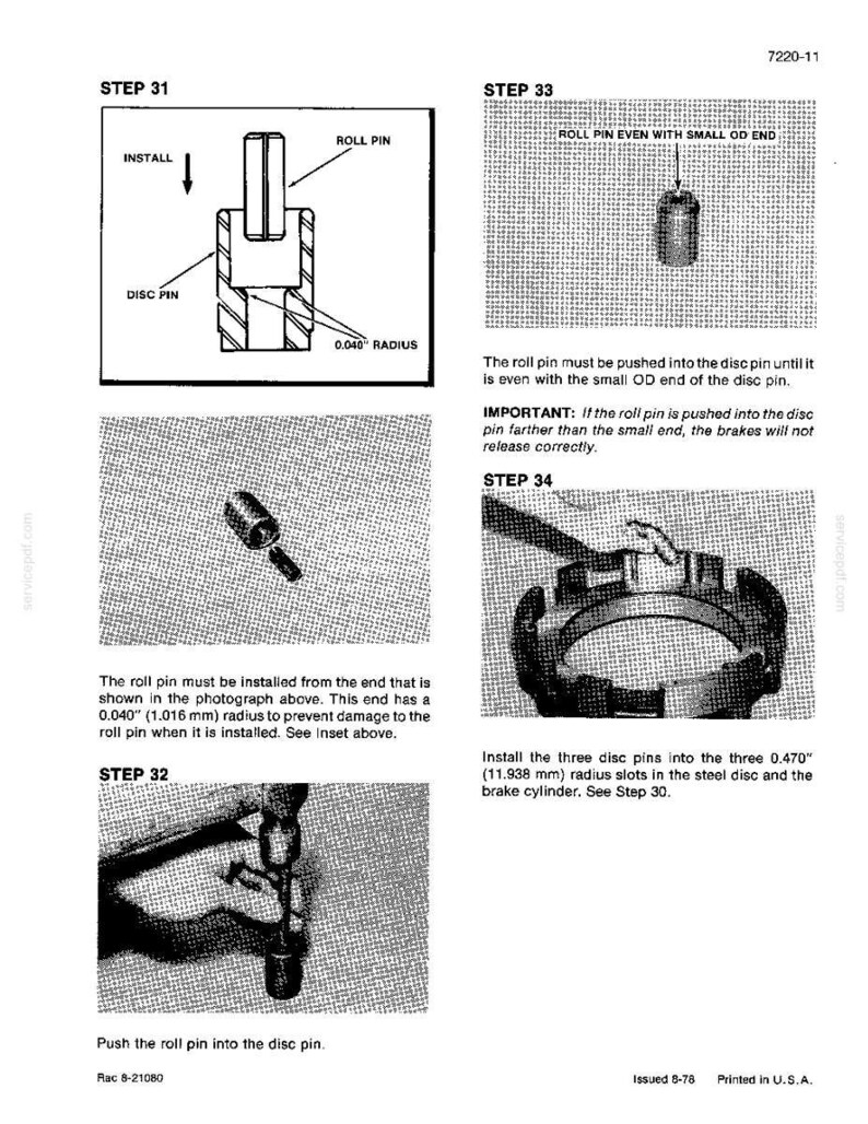 May include: Technical diagram with instructions for installing a roll pin into a disc pin. The diagram includes illustrations and text detailing the process, with measurements in inches and millimeters. The document is labeled with steps and warnings.
