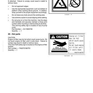 May include: A technical document page titled 2-SAFETY INFORMATION featuring two safety signs. The first sign shows a person falling from a ledge with a prohibition symbol. The second sign displays a hand near heat waves with the text CAUTION.