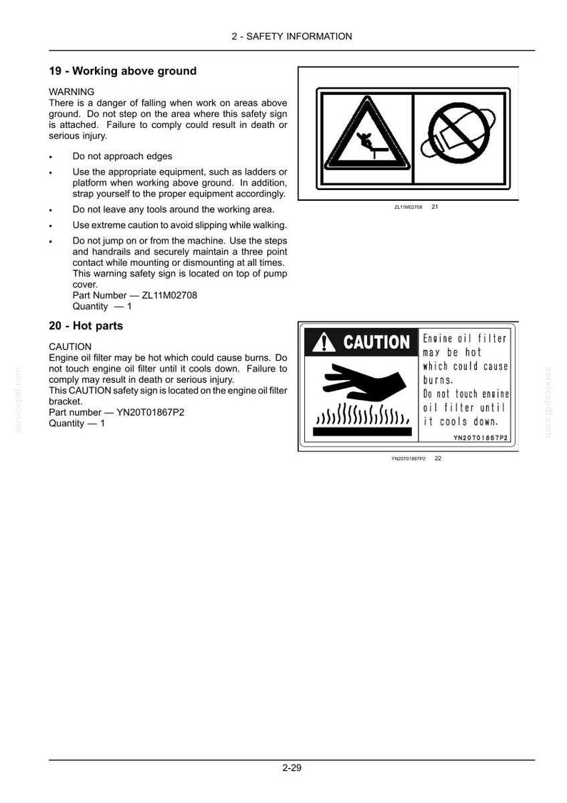 May include: A technical document page titled 2-SAFETY INFORMATION featuring two safety signs. The first sign shows a person falling from a ledge with a prohibition symbol. The second sign displays a hand near heat waves with the text CAUTION.