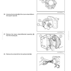 May include: Diagrams illustrating steps for front axle system maintenance, including removing brake pistons, unscrewing bolts, removing the crown wheel assembly, and removing a circlip. The text includes numbered steps and part labels.