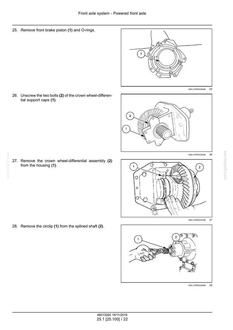 May include: Diagrams illustrating steps for front axle system maintenance, including removing brake pistons, unscrewing bolts, removing the crown wheel assembly, and removing a circlip. The text includes numbered steps and part labels.