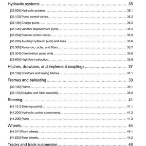 May include: A detailed page from a manual, listing various mechanical systems and components. Sections include brakes, hydraulic systems, hitches, steering, wheels, and tracks. The text is black on a white background.