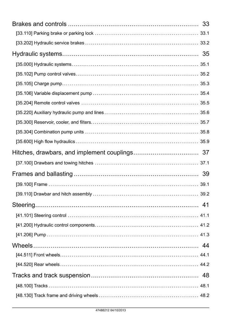 May include: A detailed page from a manual, listing various mechanical systems and components. Sections include brakes, hydraulic systems, hitches, steering, wheels, and tracks. The text is black on a white background.