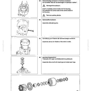 May include: A technical diagram with multiple illustrations detailing the installation of a rotary group. The images show various components, including a swivel cradle, articulating pins, and a drive shaft with bearings. Text in English and German accompanies the diagrams.