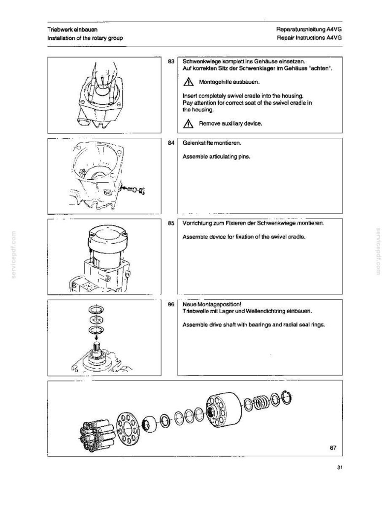 May include: A technical diagram with multiple illustrations detailing the installation of a rotary group. The images show various components, including a swivel cradle, articulating pins, and a drive shaft with bearings. Text in English and German accompanies the diagrams.