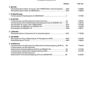 May include: A white page containing a table of contents for a service training manual for M9078, M9086, and M9094 tractors. The text lists sections for motor, fuel system, electric, steering, transmission, and hydraulic systems with publication numbers.