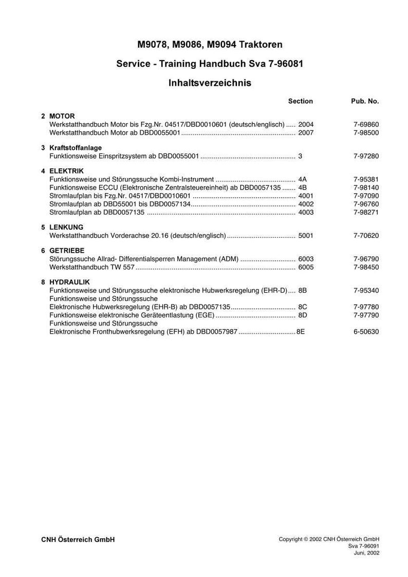 May include: A white page containing a table of contents for a service training manual for M9078, M9086, and M9094 tractors. The text lists sections for motor, fuel system, electric, steering, transmission, and hydraulic systems with publication numbers.
