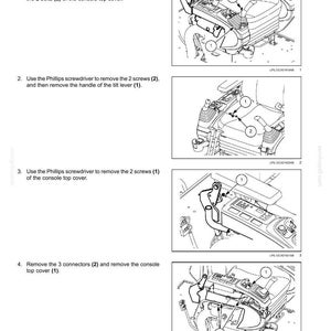 May include: Diagrams illustrating the removal of hydraulic hand control components. The images show steps for removing bolts, screws, and connectors from the console top cover. Text includes instructions and part numbers for each step.