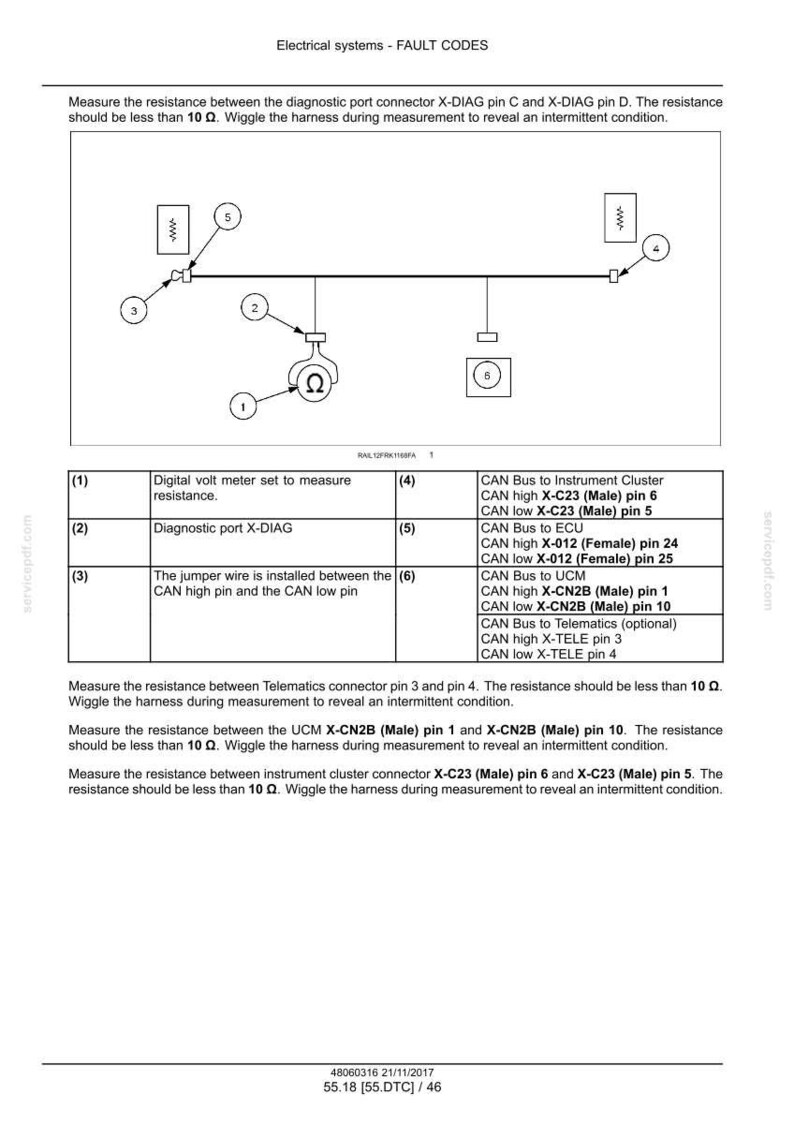 May include: Diagram of an electrical system with fault codes, including a digital volt meter, diagnostic port, and various connectors. Text instructions detail measuring resistance and identifying intermittent conditions. The diagram includes a resistance symbol.