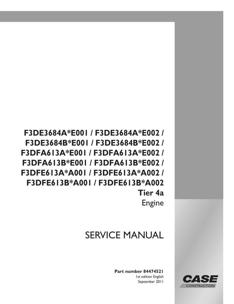 May include: A white service manual with black text, including engine model numbers and "SERVICE MANUAL." The Case Construction logo is in the bottom right corner. The manual is for a Tier 4a engine.