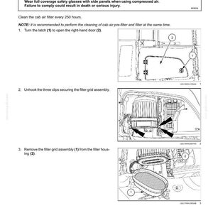 May include: Diagram illustrating the cleaning of a cab air filter. The image includes step-by-step instructions with numbered steps and diagrams, including warnings about eye injury and safety glasses. Text includes "Cab air filter - Cleaning".