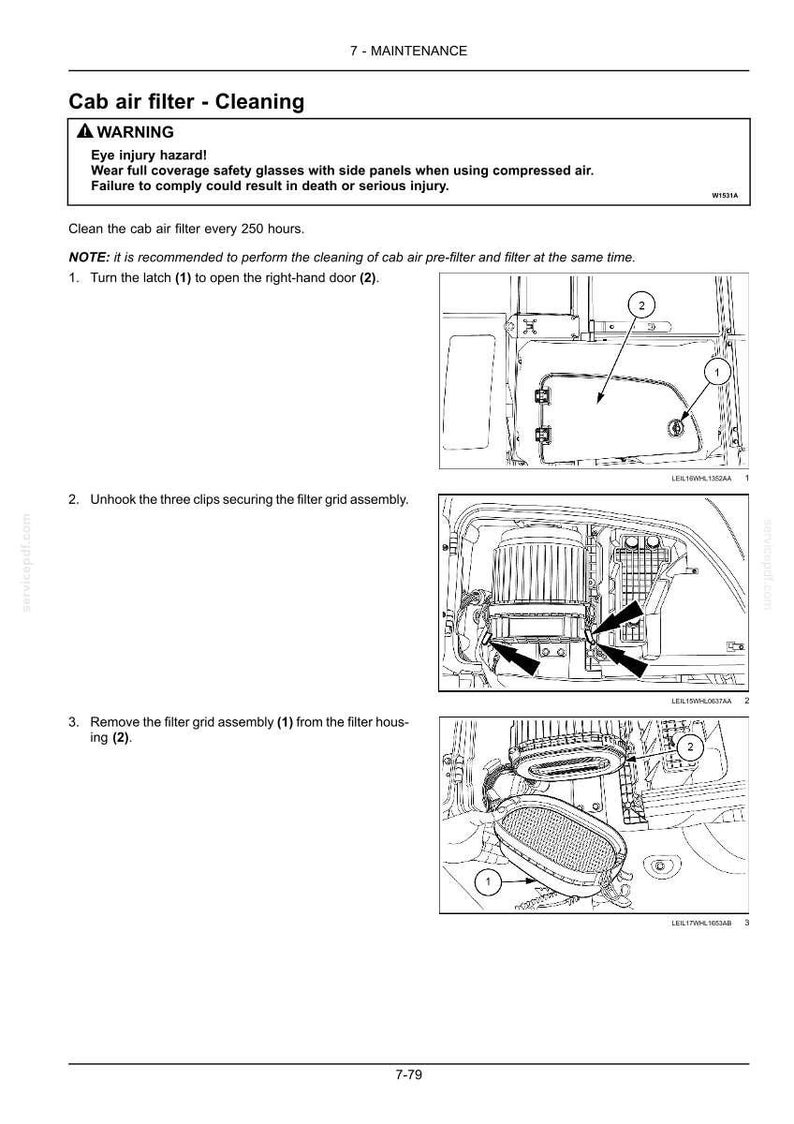 May include: Diagram illustrating the cleaning of a cab air filter. The image includes step-by-step instructions with numbered steps and diagrams, including warnings about eye injury and safety glasses. Text includes "Cab air filter - Cleaning".