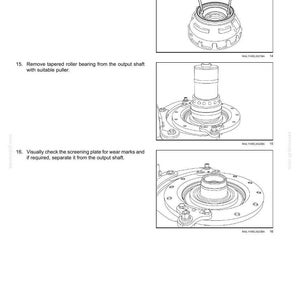 May include: Diagram of a rear axle system with planetary and final drives. Includes detailed illustrations of removing shaft seals, tapered roller bearings, and checking screening plates. Text instructions accompany each step.